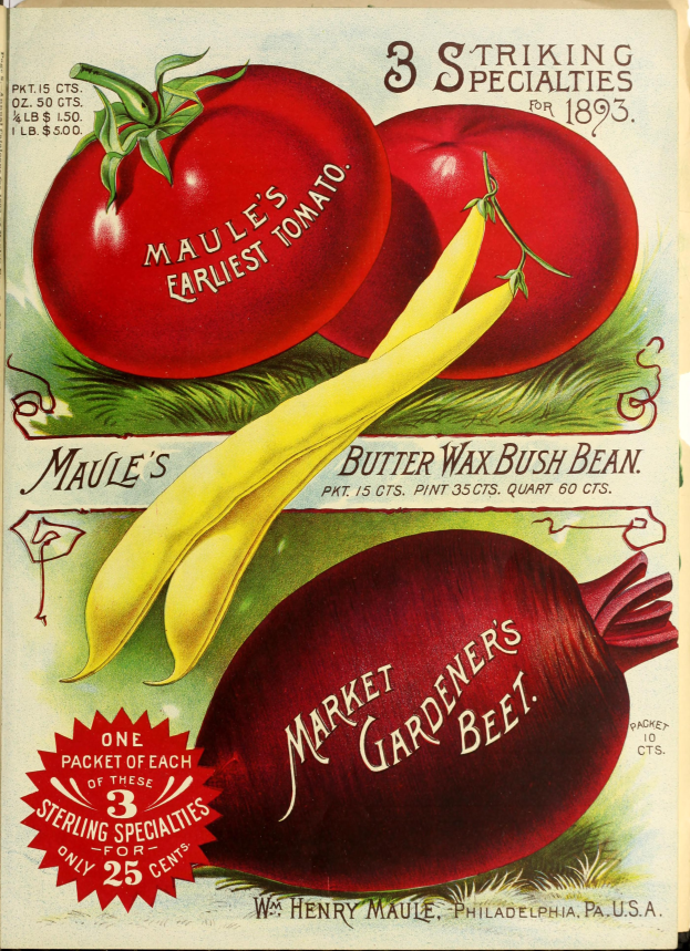 Ein Vintage-Plakat mit einer Vielzahl von farbenfrohen Gemüsen, darunter Tomaten und Rote Bete, die in einem ansprechenden Muster mit überlappenden Elementen angeordnet sind, und der Text "Market Gardener's Beet" in einer fetten Schrift oben.