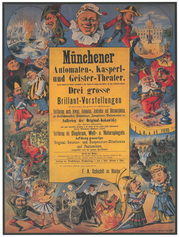 Ein Vintage-Deutscher Filmplakat für das Munchener Automaten-Kasperl- und Geister-Theater, das eine Gruppe von Menschen in bunten Kostümen in der Mitte zeigt, umgeben von Text, der eine lebhafte Atmosphäre vermittelt.