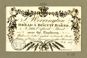 Ein altes Geschäftsblatt mit einer Zeichnung eines Bäckers und einem Text, der ein Brot- und Keksbäckerei beschreibt.