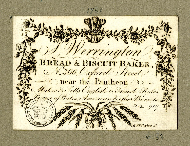 Ein altes Geschäftsblatt mit einer Zeichnung eines Bäckers und einem Text, der ein Brot- und Keksbäckerei beschreibt.