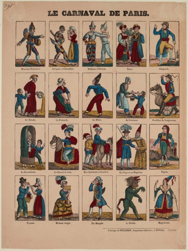 Eine Zeitung mit leuchtenden, detaillierten Bildern von Menschen in farbenfrohen Pariser Karnevalskostümen, darunter Federschmuck und aufwändige Kopfbedeckungen, mit fetter Schrift.