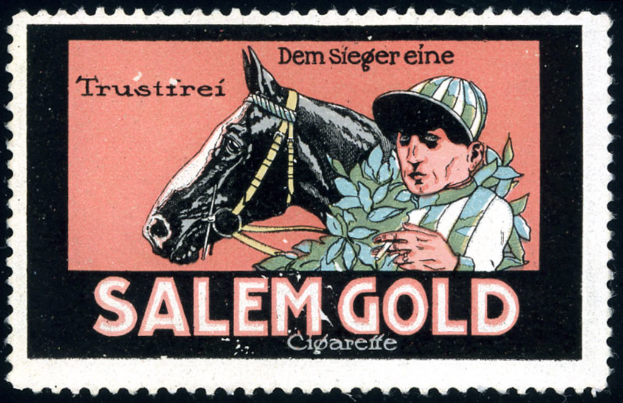 Eine Briefmarke mit einer Illustration eines Pferdes und eines Mannes mit Text darunter.