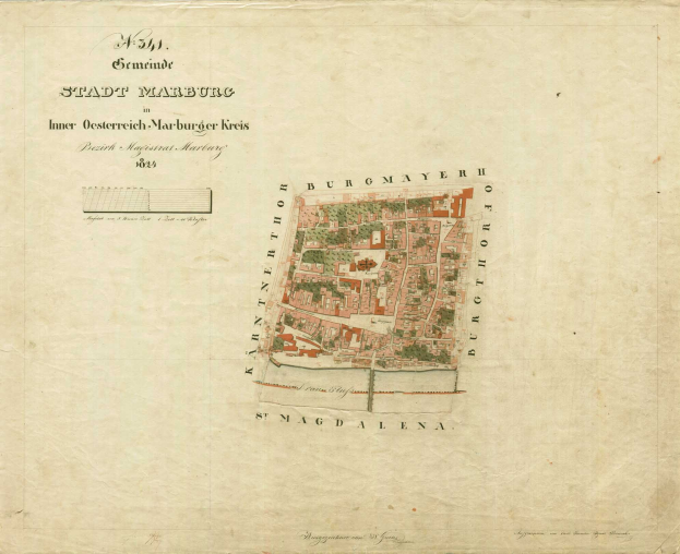 Detailierte alte Stadtplan von Stadt Marburg mit Straßen, Gebäuden und Sehenswürdigkeiten mit beschreibendem Text.