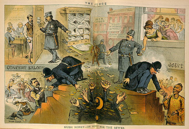 Eine Karikatur aus dem Gerichtssaal mit einem Richter in der Mitte, der einen Stock und ein Buch hält, umgeben von stehenden und sitzenden Menschen, mit Papieren auf dem Boden, die 'Schweigegeld oder Geld für die Kanalisation' lesen.