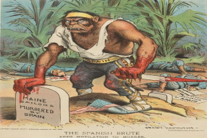 Cartoon eines Mannes mit einem Messer in der Hand, der über einem Grab mit Text steht, umgeben von liegenden Gestalten und Bäumen im Hintergrund, mit der Bildunterschrift "Der spanische Grobian fügt Mord die Verstümmelung hinzu" unten.