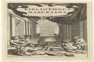 Gravur von Menschen, die eine Weltkugel in einer Bibliothek studieren, mit dem Titel "Bibliotheca Marckiana" umgeben von Bücherregalen.