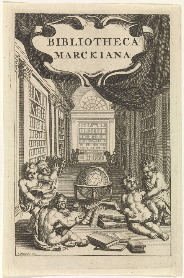 Gravur von Menschen, die eine Weltkugel in einer Bibliothek studieren, mit dem Titel "Bibliotheca Marckiana" umgeben von Bücherregalen.