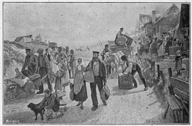 Eine Gruppe von Menschen, einige mit Taschen und einer auf einem Pferdewagen, gehen eine Schotterstraße entlang mit einem Hund, Häusern im Hintergrund und Text unten, der 'Deutsche Flüchtlinge in Deutschland' lautet.