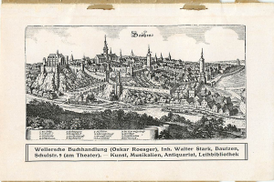 Ein altes 18. Jahrhundert-Karte von Köln, Deutschland, das Gebäude, Bäume und Text auf altem Papier zeigt.