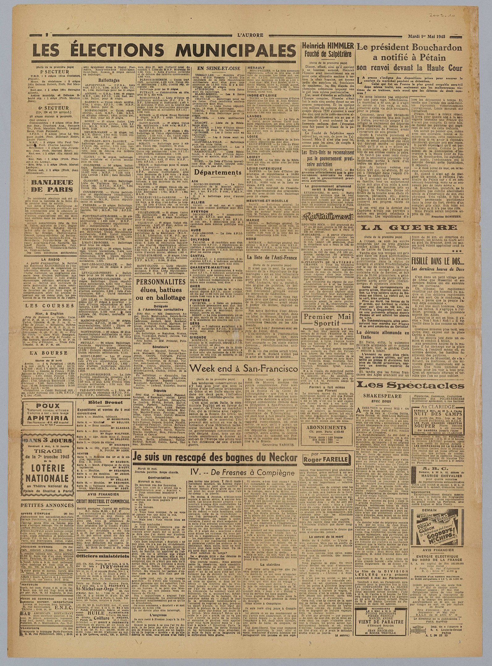 Titelseite der französischen Zeitung *Les Élections Municipales* mit weißem Hintergrund und dichtem Text über Kommunalwahlen.