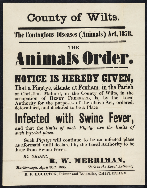 Ein Plakat mit Text, der die Animals Order Notice unter dem Contagious Diseases Animals Act, 1878, für Schweinefieber im County of Wilts ankündigt.