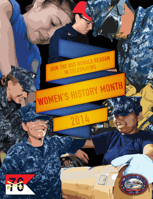 Ein Plakat zum Women's History Month 2014, das eine Gruppe von Menschen in Uniformen und Mützen zeigt, wobei eine Person eine Brille trägt und ein Objekt hält, zusammen mit Text über das Ereignis.