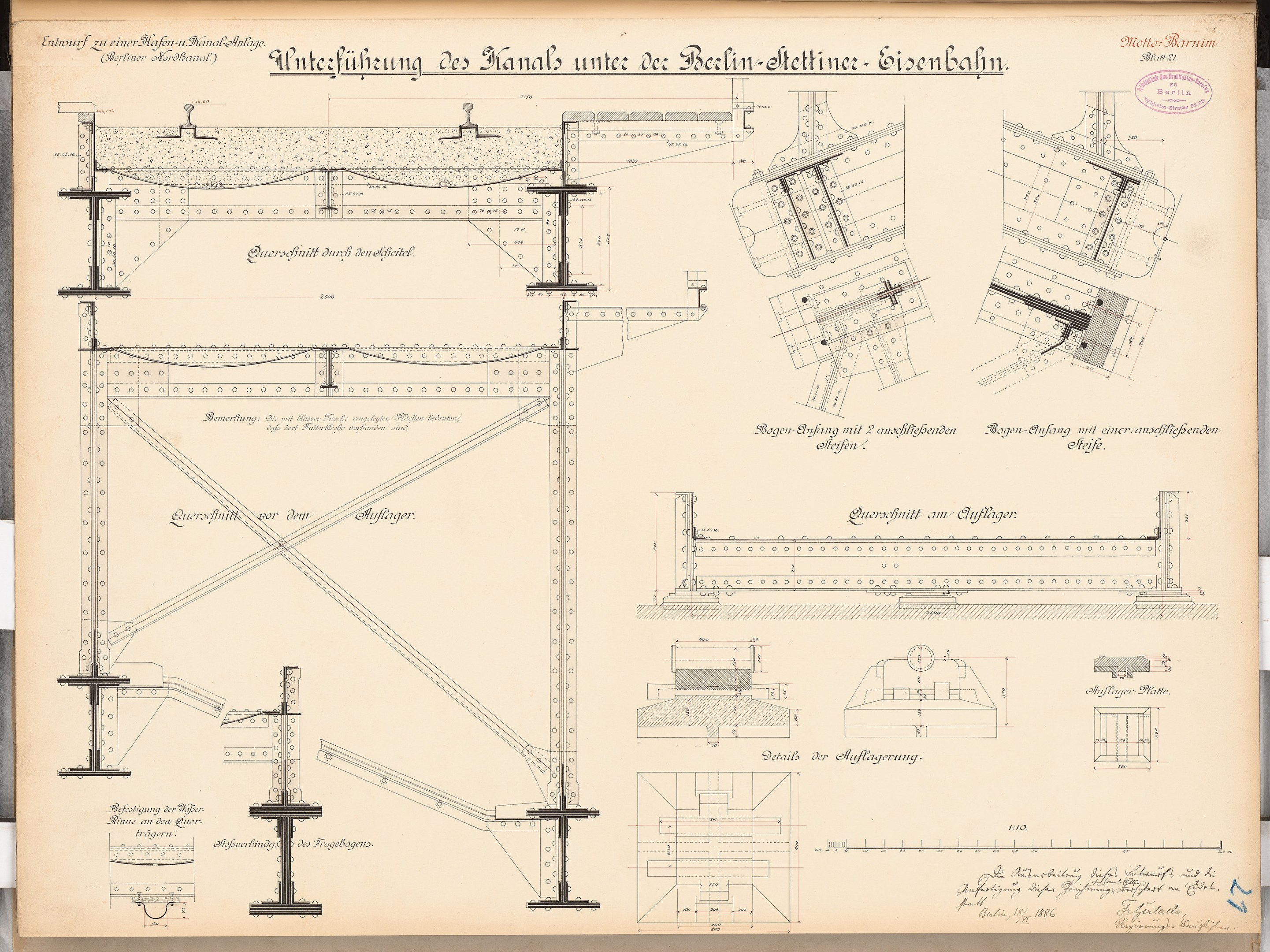 Ein detailliertes architektonisches Drawing der Berlin-Sienbahnbrücke mit strukturellen Plänen und Anmerkungen auf Papier.