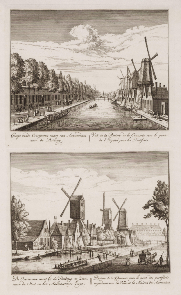 Zwei Bilder von Windmühlen in den Niederlanden mit Bäumen, Häusern, Menschen, Booten und einer bewölkten Himmel im Hintergrund, mit Text unten.