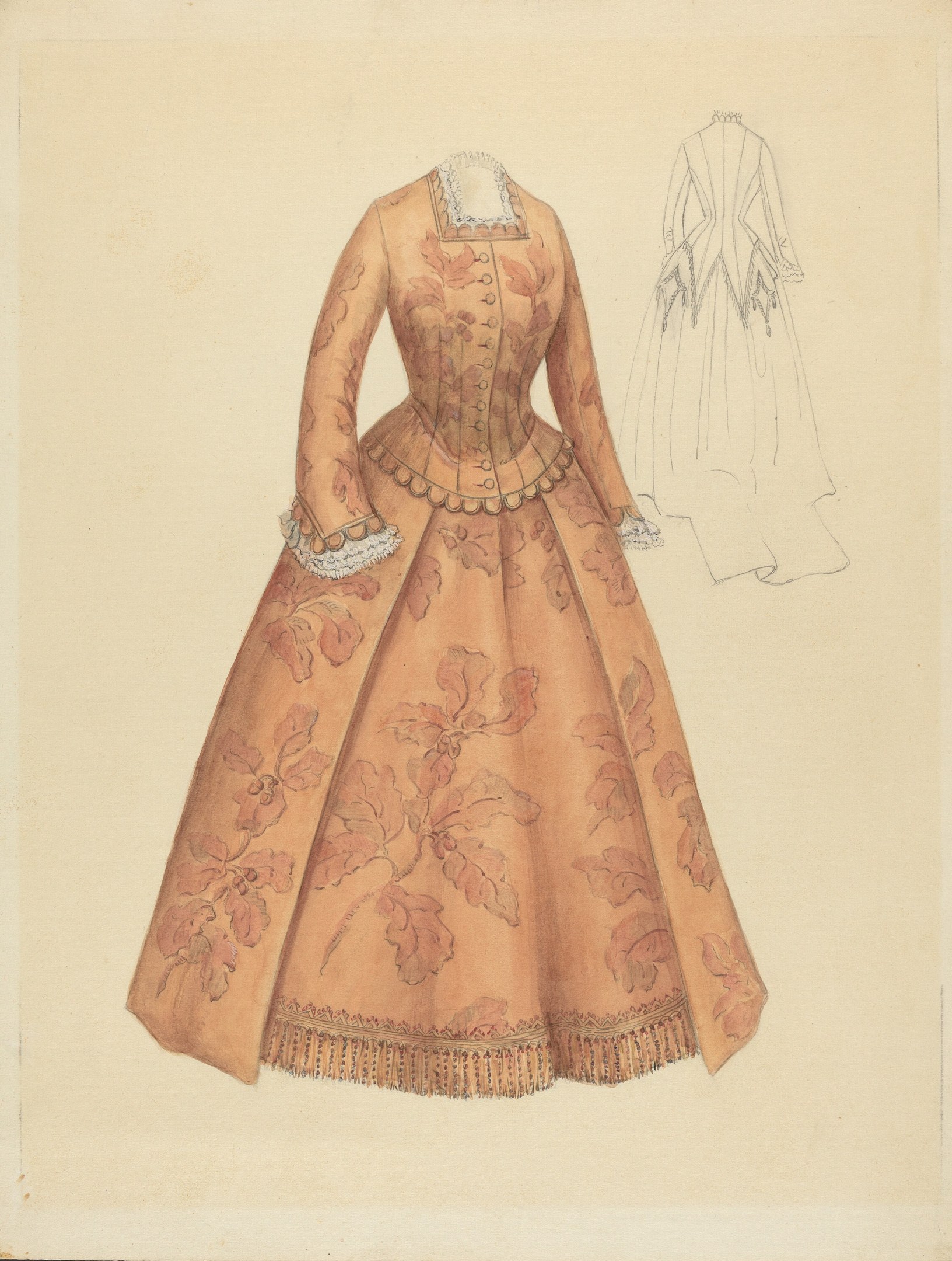 Eine Zeichnung eines Kostümdesigns aus dem 18. Jahrhundert mit einem langen Kleid mit hohem Kragen, floralem Muster in Rosa, Lila und Blau sowie einem Spitzenbesatz am Rock gegen einen hellblauen Hintergrund.