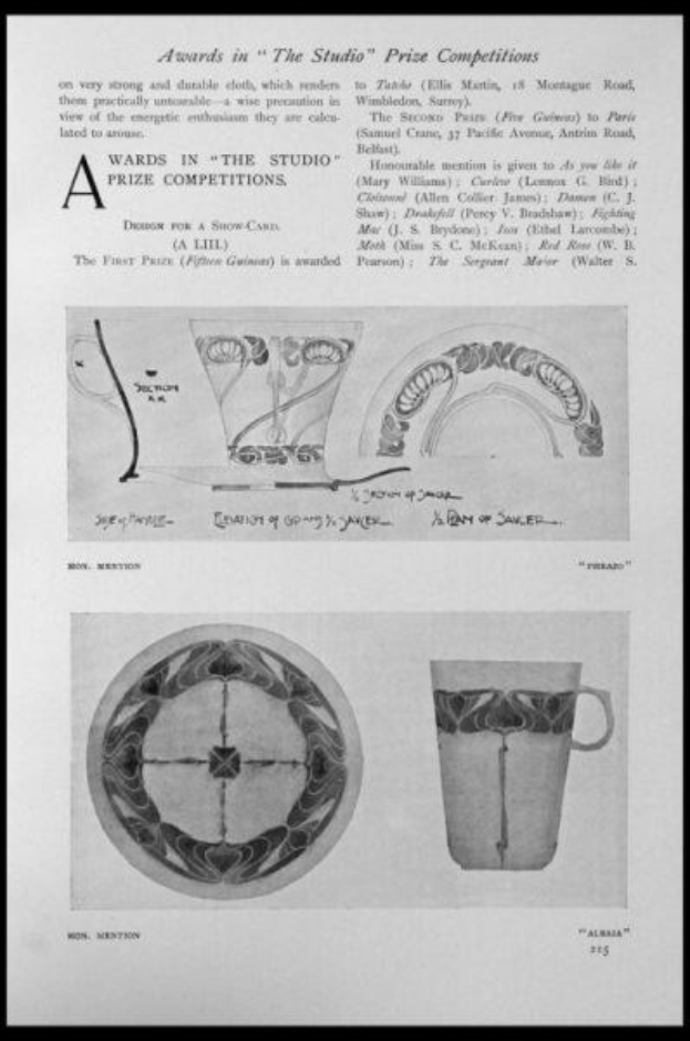 Schwarze und weiße Zeichnung einer Tasse und eines Untersetzers mit einem Design, umrahmt von einem schwarzen Rand, und Text, der "Awards in the Studio Prize Competitions" liest.