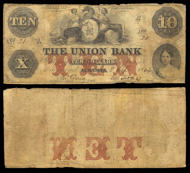 Alte Zehn-Dollar-Note der Union Bank aus dem Jahr 1862 mit einer Frau in einem Kleid mit einem Dutt, die ernst zur Seite schaut