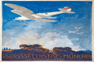 Plakatankündigung eines Luftfahrtfestes in München am 25. August 1935 mit Flugzeugen am Himmel und Text unten.