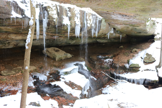 Ein kleiner Wasserfall ergießt sich über eine steinige Klippe in einem verschneiten Wald, mit Eiszapfen an den Felsen und Schnee auf den Bäumen und dem Gras.