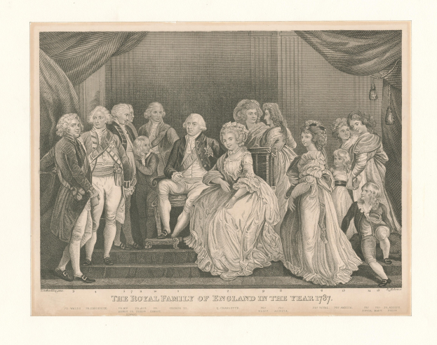 Ein formelles Porträt der britischen Königsfamilie im Jahr 1787, das auf einer Treppe sitzend und stehend mit einem Vorhanghintergrund dargestellt ist, einschließlich einer Inschrift am unteren Rand.