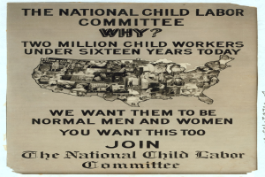 Plakat mit der Aufschrift "Der Nationale Ausschuss für Kinderarbeit: Warum? Zweieinhalb Millionen Kinderarbeiter unter sechzehn Jahren heute" mit einer USA-Karte und mehreren menschlichen Gesichtern, die Ausschussmitglieder darstellen.