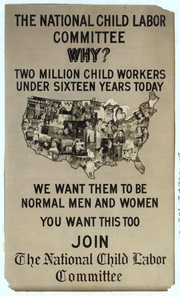 Plakat mit der Aufschrift "Der Nationale Ausschuss für Kinderarbeit: Warum? Zweieinhalb Millionen Kinderarbeiter unter sechzehn Jahren heute" mit einer USA-Karte und mehreren menschlichen Gesichtern, die Ausschussmitglieder darstellen.