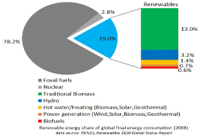 Tortendiagramm zur globalen erneuerbaren Energieversorgung im Jahr 2008, aufgeteilt in Abschnitte für fossile Brennstoffe, Kernenergie, Wasserkraft, Warmwasserheizung, Biomasse, Solarenergie, Geothermie und Biokraftstoffe.