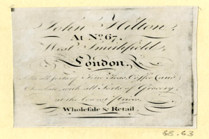 Ein Blatt Papier mit dem Text "John Hilton, No. 67, West Smithfield, London" darauf geschrieben.