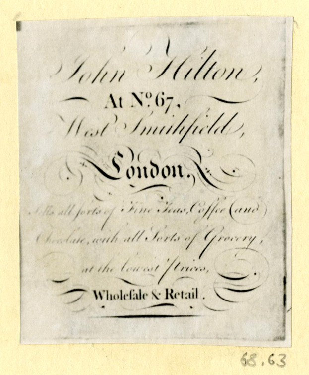 Ein Blatt Papier mit dem Text "John Hilton, No. 67, West Smithfield, London" darauf geschrieben.