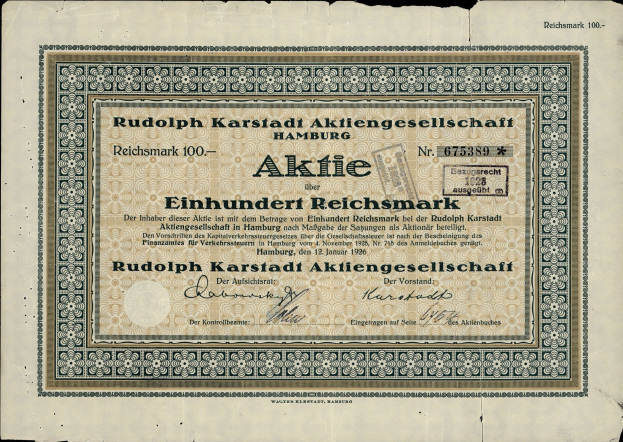 Alte deutsche Banknote mit schwarzem Hintergrund, die den Text 'Rudolph Karlstadt Aktiengesellschaft Hamburg' zeigt.