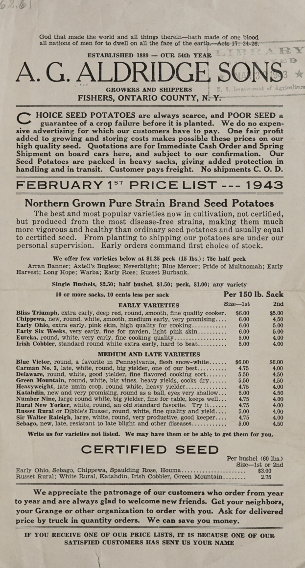 Ein Blatt Papier mit der Aufschrift "A.G. Aldridge Sons - Februar 1. Preisliste 1943" darauf.