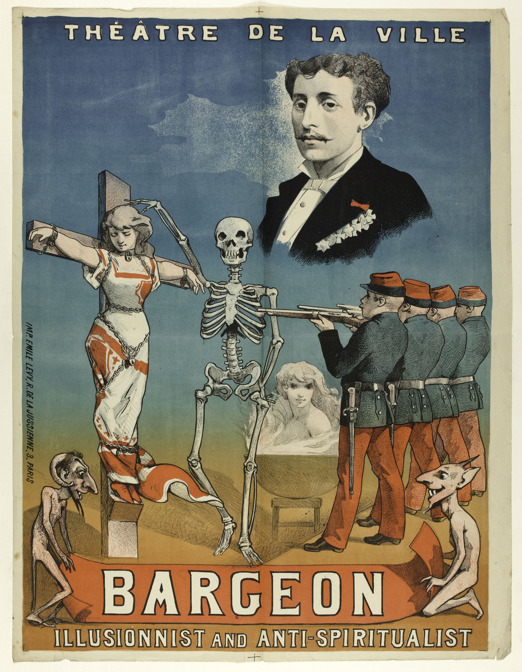 Plakat für das Théâtre de la Ville in Paris mit einem Skelett mit ausgestreckten Armen unter verängstigten Menschen, mit fetter Schrift 'Bargeon Illusionist und Anti-Spiritualist'.