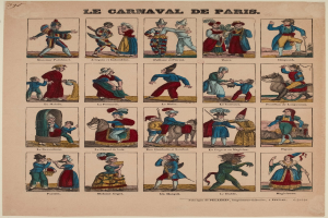 Ein Papier mit leuchtenden, detaillierten Bildern von Menschen in farbenfrohen Karneval von Paris-Kostümen, einschließlich gefiederter und aufwändiger Kopfschmuck, mit fetter Schrift.