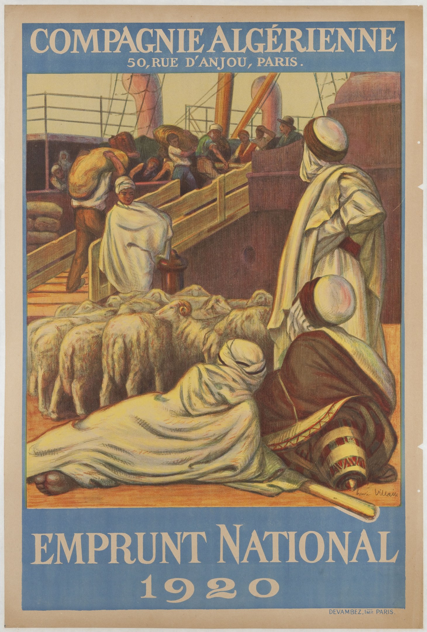 Plakat für die nationale Anleihe von 1920, das eine Gruppe von Menschen und Tieren mit Texten zeigt, die Details des Ereignisses bereitstellen.