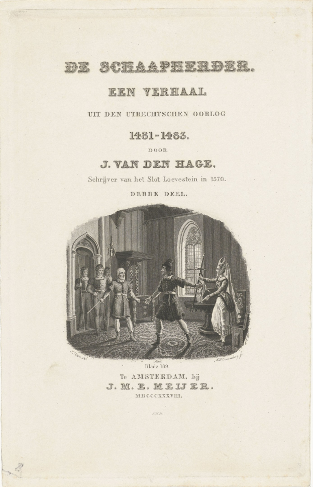 Altes Buch mit einer handgezeichneten Illustration von Menschen, die auf dem Cover sprechen, und gedrucktem Text auf den Seiten.