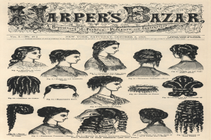 Eine Seite aus Harper's Bazaar mit Bildern von Frauen mit verschiedenen Frisuren, begleitet von beschreibendem Text.