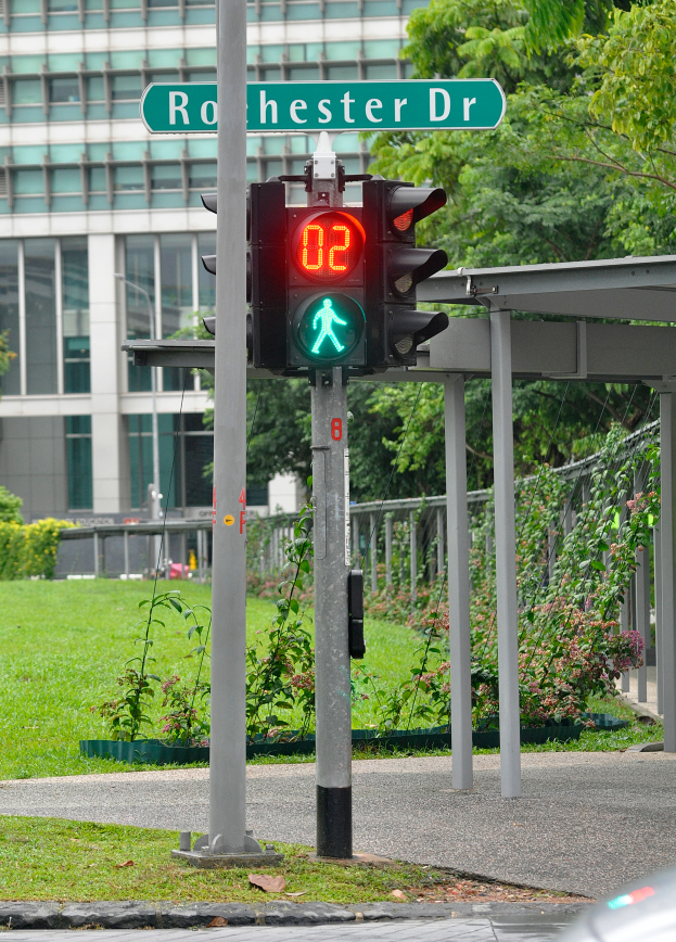 Eine Ampel an der Seite einer Straße, umgeben von Gras, Pflanzen, Bäumen und einem Gebäude im Hintergrund.