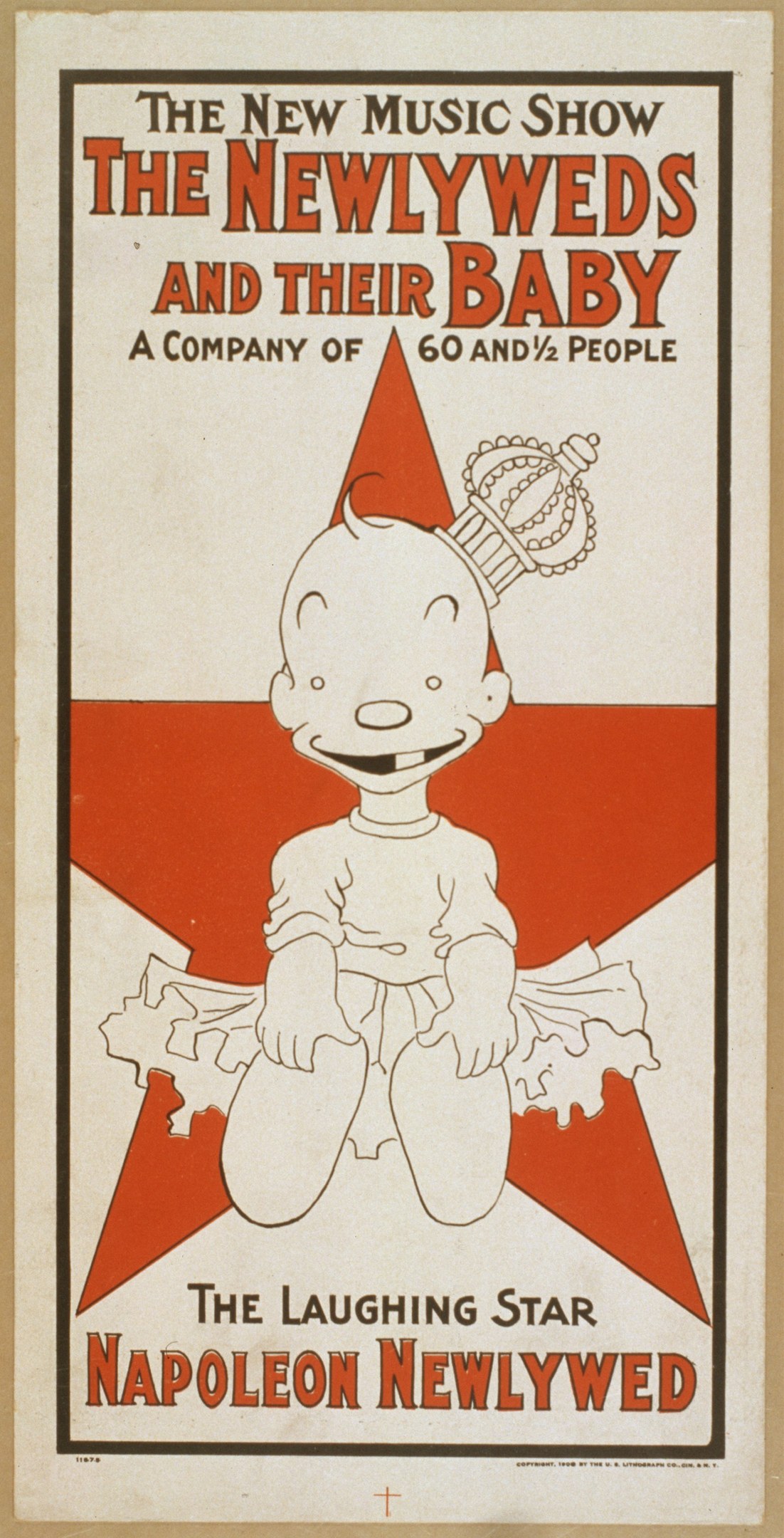 Plakat für "The New Music Show: The Newlyweds and Their Baby" mit einer Cartoon-Baby in einem weißen Strampler mit einer pinken Schleife, das gegen einen hellblauen Hintergrund mit Sternen und fetter schwarzer Schrift lächelt.