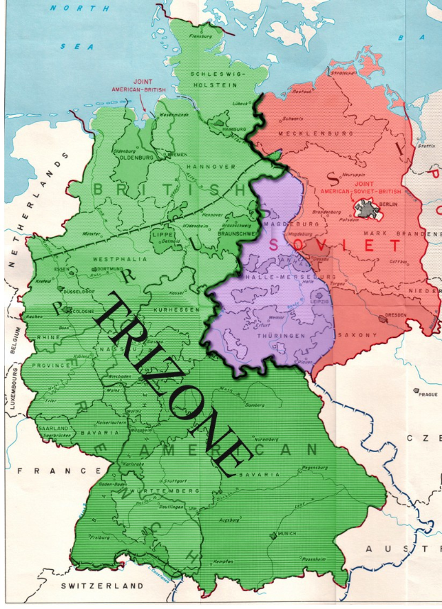 Ein Plakat mit einer Deutschlandkarte, auf der die Trizonen-Provinzen in verschiedenen Farben hervorgehoben sind und begleitender erklärender Text.