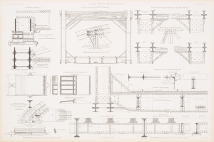 Ein detailliertes Bild einer Eisenbahnbrücke in einem Buch, das ihre Bögen, Träger und andere konstruktive Merkmale zeigt, mit begleitendem Text über ihre Konstruktion.