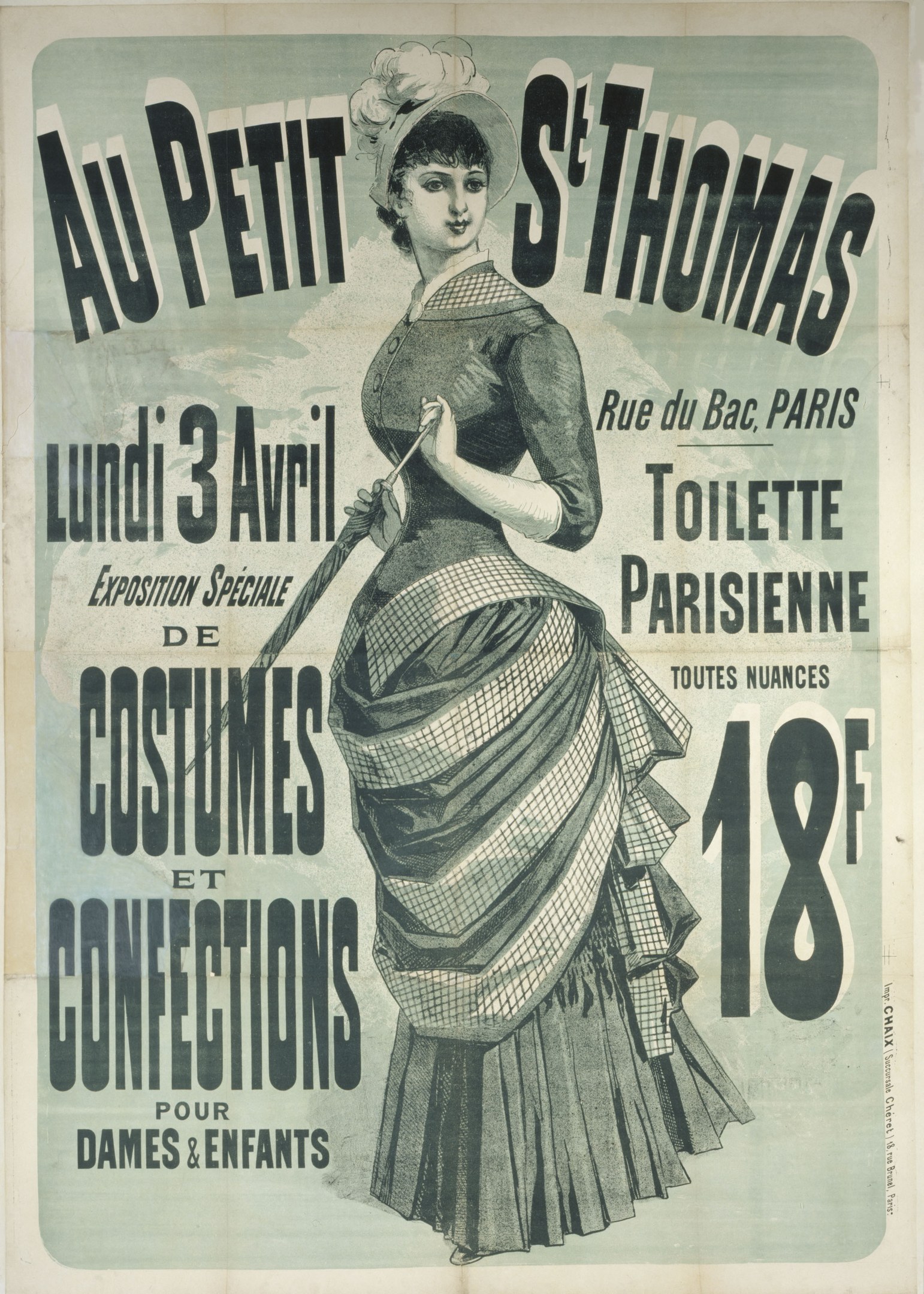 Alter Plakatentwurf für eine Kostümvorstellung, der eine Frau in einem langen, hochgeschlossenen, langärmeligen Kleid mit einem Dutt zeigt, die anmutig mit gefalteten Händen steht.