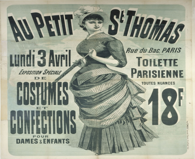 Alter Plakatentwurf für eine Kostümvorstellung, der eine Frau in einem langen, hochgeschlossenen, langärmeligen Kleid mit einem Dutt zeigt, die anmutig mit gefalteten Händen steht.