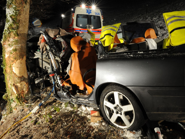 Ein beschädigtwagen am Straßenrand mit einem im Hintergrund sichtbaren Krankenwagen, umgeben von Bäumen.