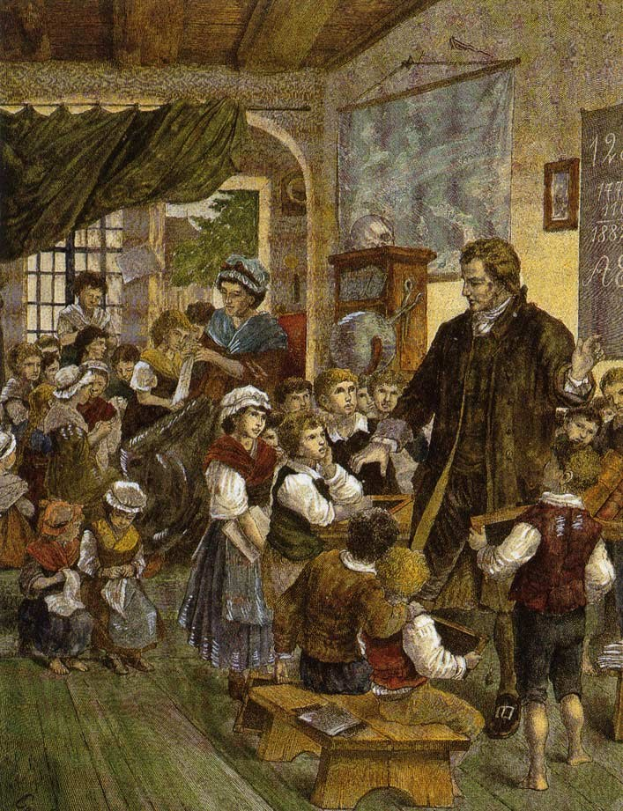 Gemälde mit dem Titel "Die Klasse des Lehrers" von William Hogarth, das einen Mann vor einer Klasse voller Kinder zeigt, einige sitzen auf Bänken und andere stehen, mit einer Tafel, einem Rahmen, einem Fenster, einem Vorhang und einer Decke.