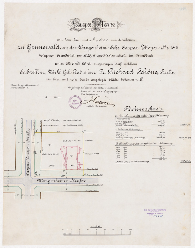 Detailierter alter Stadtplan eines Berliner Parkplatzlayouts mit Text und einem Stempel.