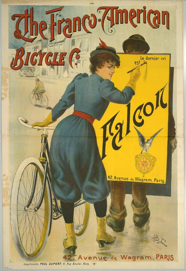 Plakat für die Franco-Amerikanische Fahrrad Co. mit einer Frau neben einem Fahrrad und Werbetext.