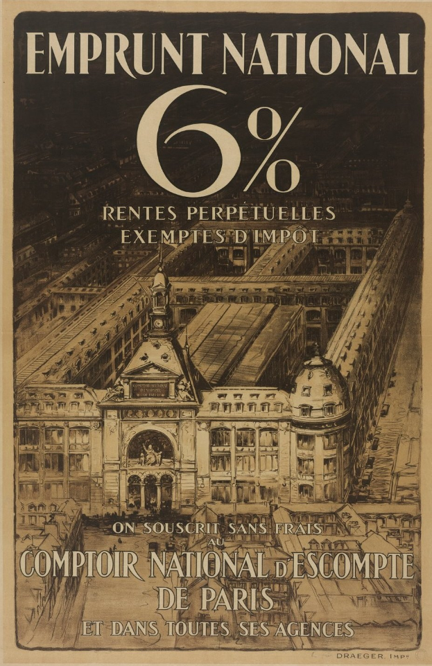 Plakat mit einem großen, zweistöckigen Gebäude mit rotem Dach und weißen Wänden, begleitet von zentriertem, fetten schwarzen Text, der "emprunt national 6% - rentes perpetuelles exemptes impot" auf einem hellblauen Hintergrund liest.
