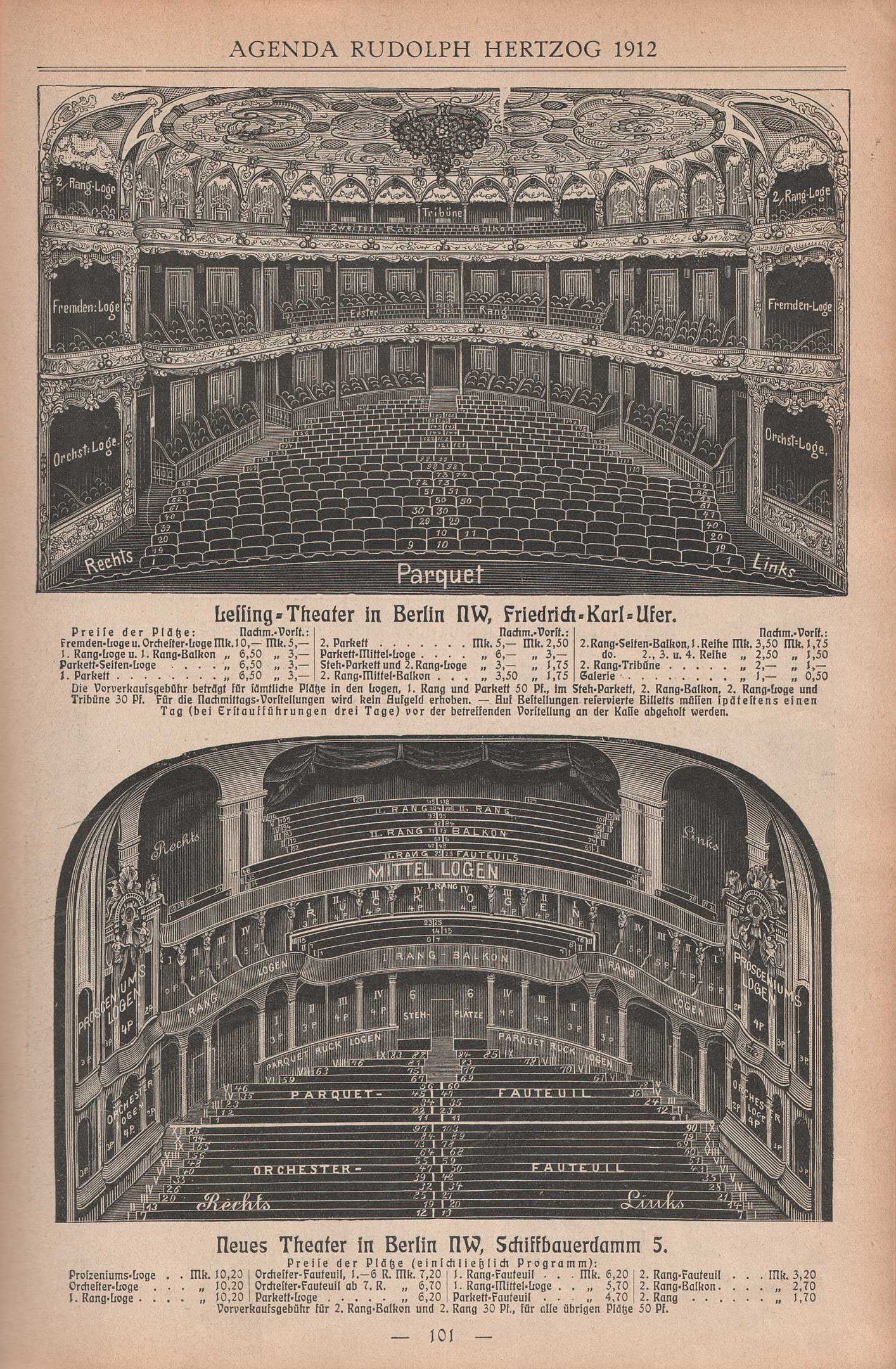 Schwarz-weiß-Illustration einer alten Buchseite mit einer großen Auditorium in Berlin, Deutschland aus dem Jahr 1912, mit begleitendem Text, der das Layout des Theaters beschreibt.