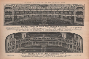 Schwarz-weiß-Illustration einer alten Buchseite mit einer großen Auditorium in Berlin, Deutschland aus dem Jahr 1912, mit begleitendem Text, der das Layout des Theaters beschreibt.