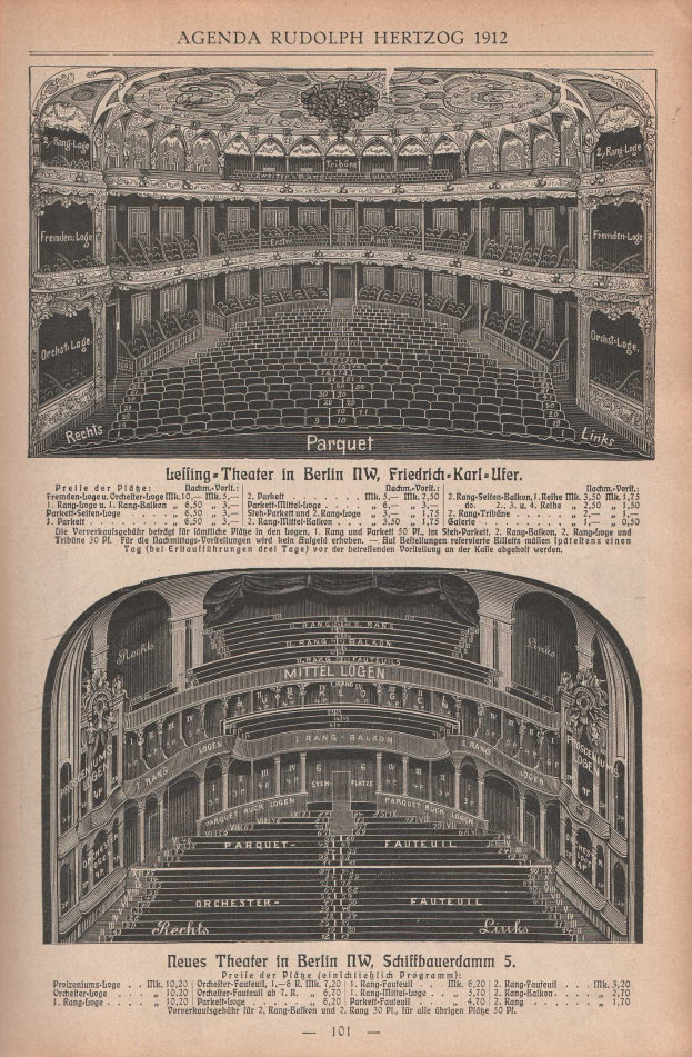 Schwarz-weiß-Illustration einer alten Buchseite mit einer großen Auditorium in Berlin, Deutschland aus dem Jahr 1912, mit begleitendem Text, der das Layout des Theaters beschreibt.